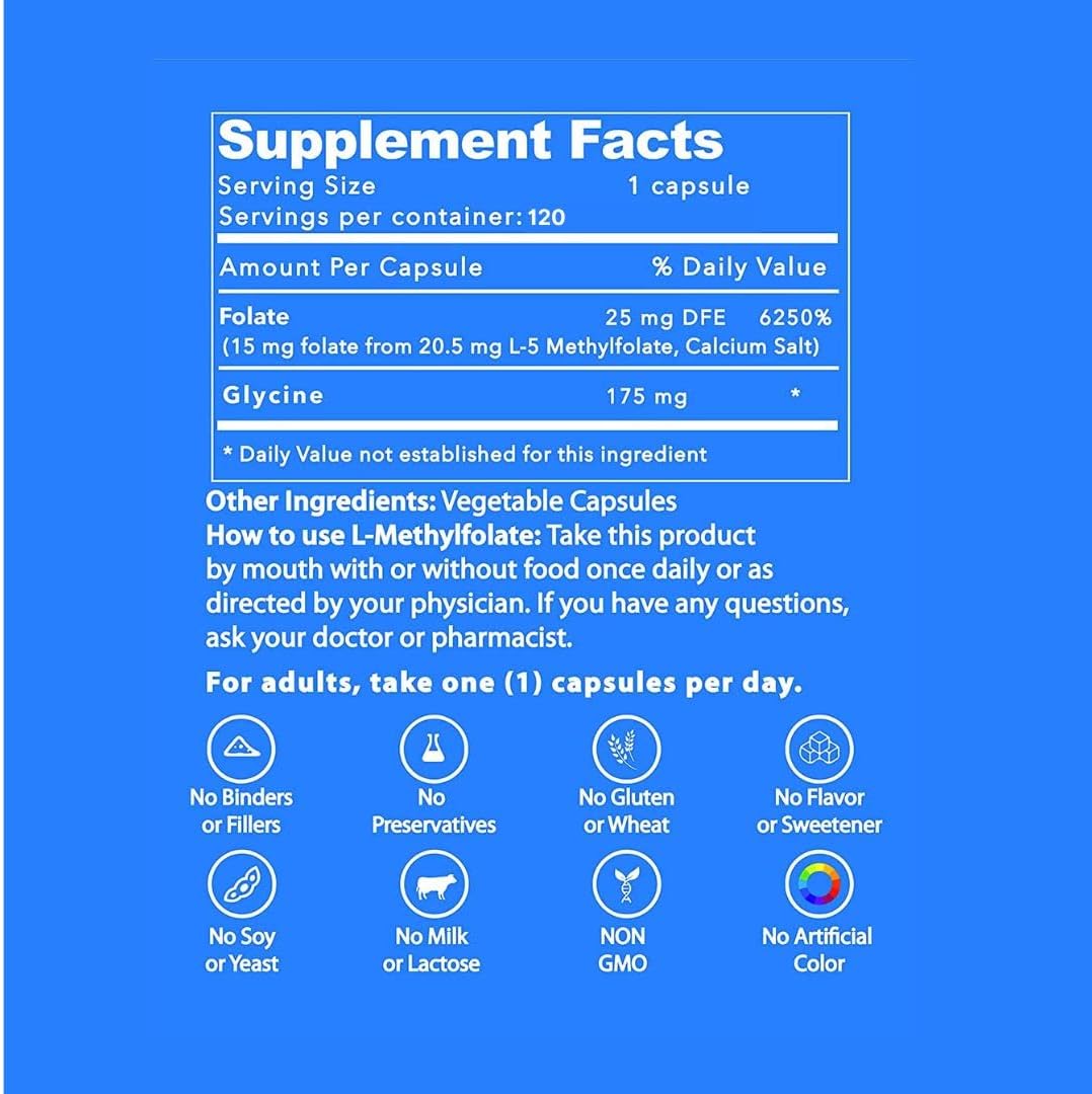 Highly Bioactive L-Methylfolate 15 MG Capsules - Mood & Immune Support - Natural Energy Supplement - Non-GMO & Gluten-Free - 120 Count