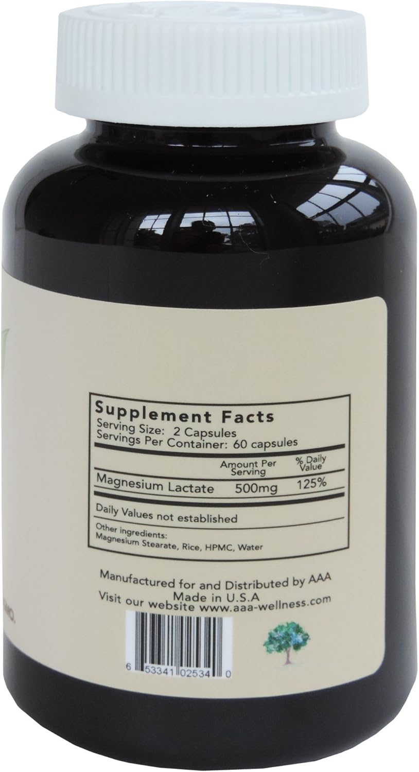 Highly Bioavailable American Anti Aging Magnesium Lactate Capsules - 500mg per Serving, 120 Vegetarian Capsules - Gluten Free - Doctor Formulated - Made in USA