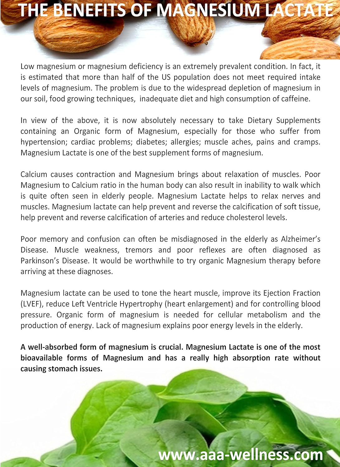 Highly Bioavailable American Anti Aging Magnesium Lactate Capsules - 500mg per Serving, 120 Vegetarian Capsules - Gluten Free - Doctor Formulated - Made in USA