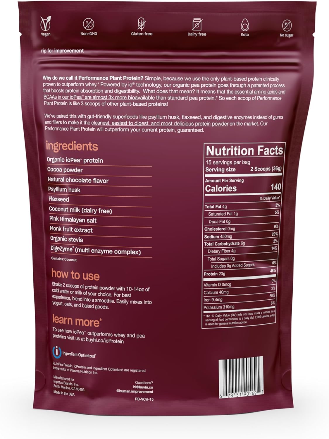 Highly Bioavailable Chocolate Plant Protein Powder for Lean Muscle Support - Vegan, Gluten Free, Dairy Free - 1.2lb