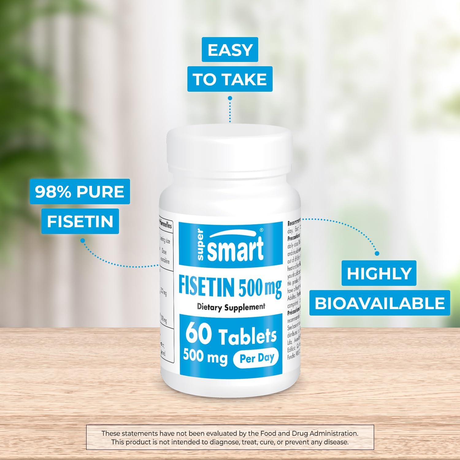Highly Bioavailable Fisetin 500mg Supplement for Senolytic Activation - Easy-to-Take 98% Pure Polyphenol Tablets - Non-GMO & Gluten Free - 60 Count