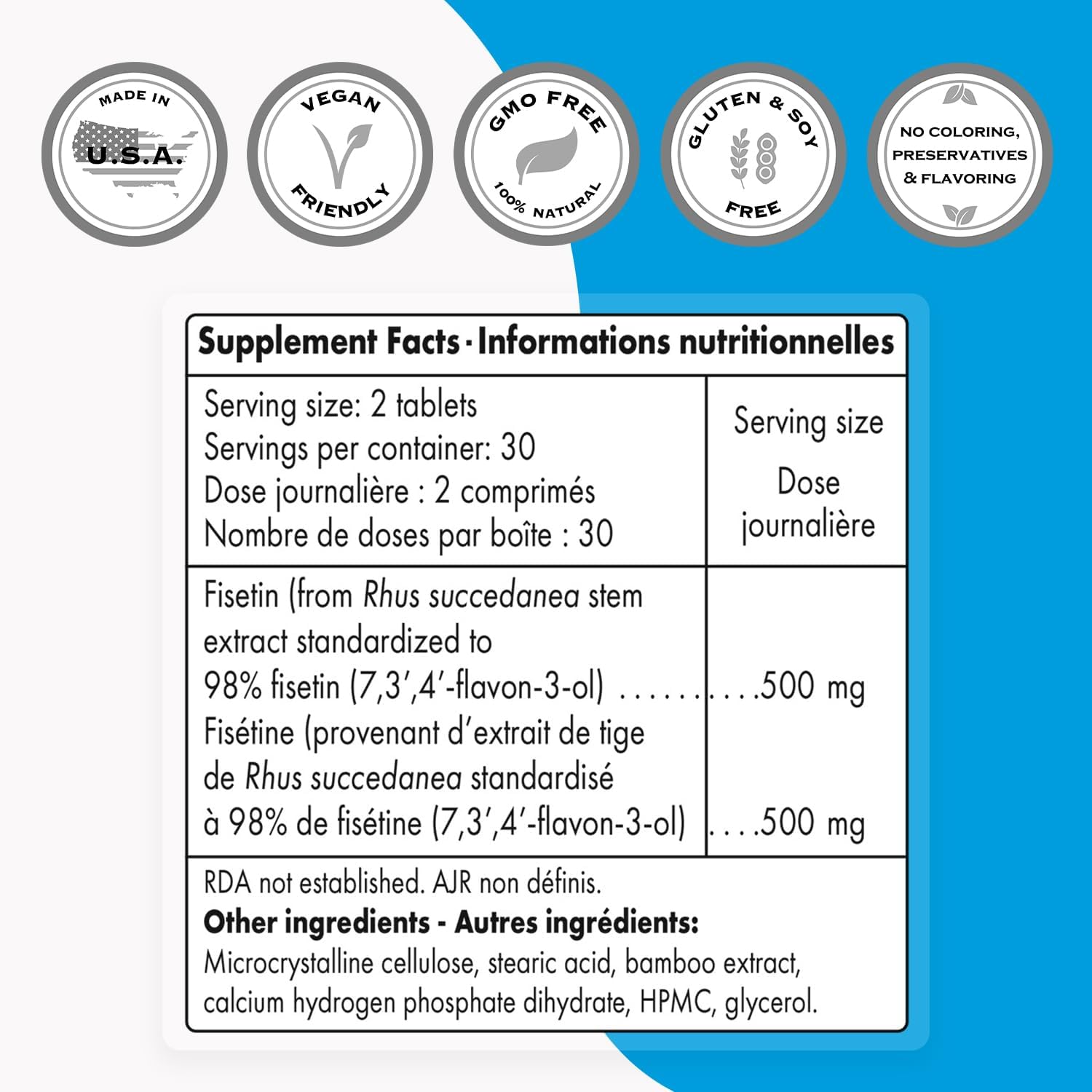 Highly Bioavailable Fisetin 500mg Supplement for Senolytic Activation - Easy-to-Take 98% Pure Polyphenol Tablets - Non-GMO & Gluten Free - 60 Count