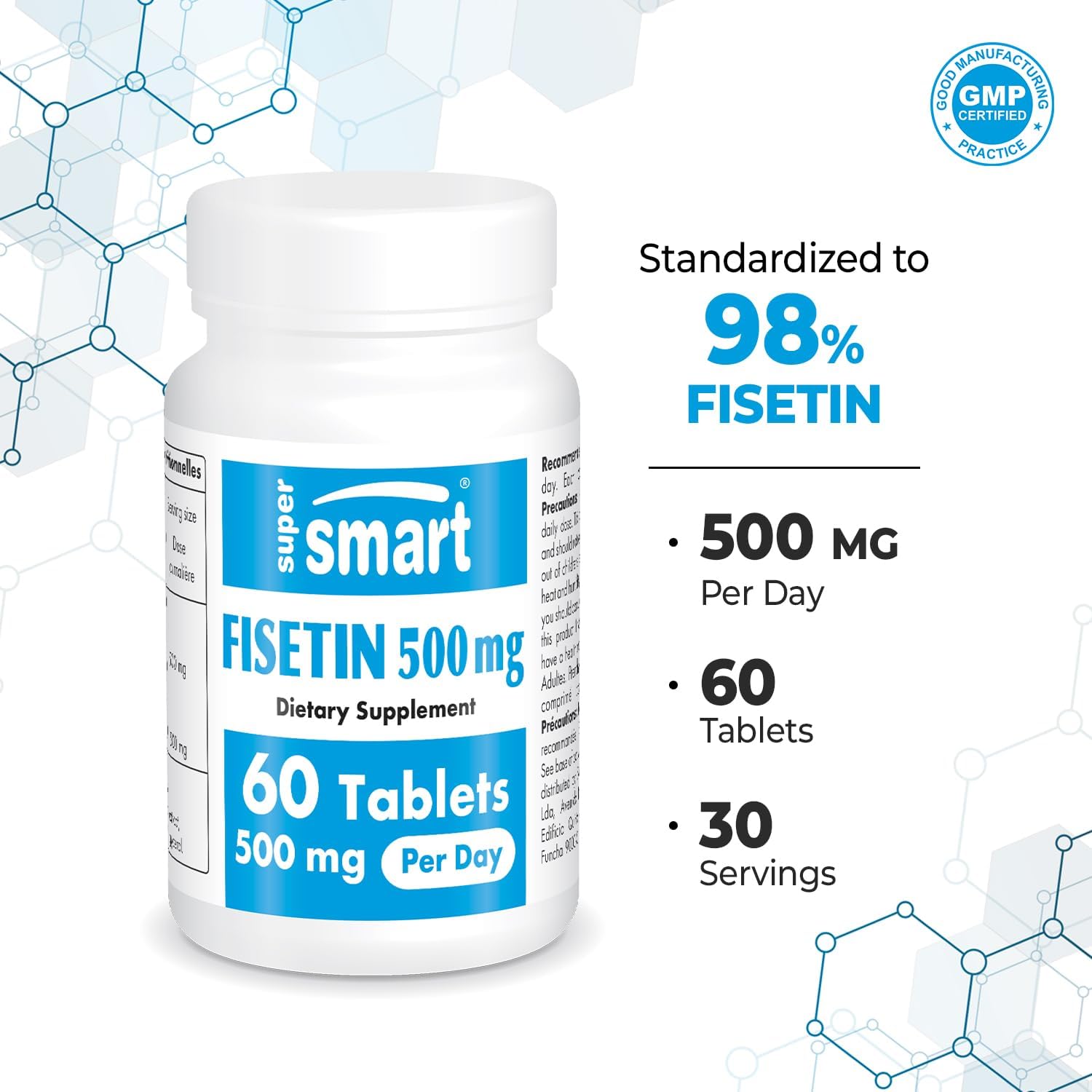 Highly Bioavailable Fisetin 500mg Supplement for Senolytic Activation - Easy-to-Take 98% Pure Polyphenol Tablets - Non-GMO & Gluten Free - 60 Count
