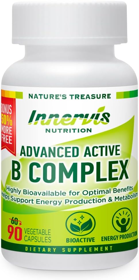 Highly Bioavailable INNERVISNUTRITION Advanced Active Vitamin B-Complex for Energy, Brain, and Metabolism - Vegetarian Formula, 90 Capsules