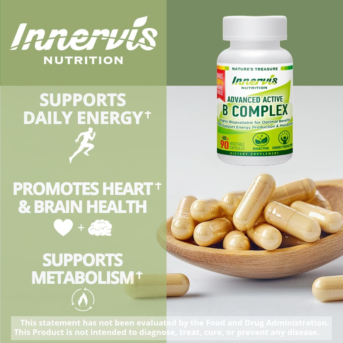 Highly Bioavailable INNERVISNUTRITION Advanced Active Vitamin B-Complex for Energy, Brain, and Metabolism - Vegetarian Formula, 90 Capsules
