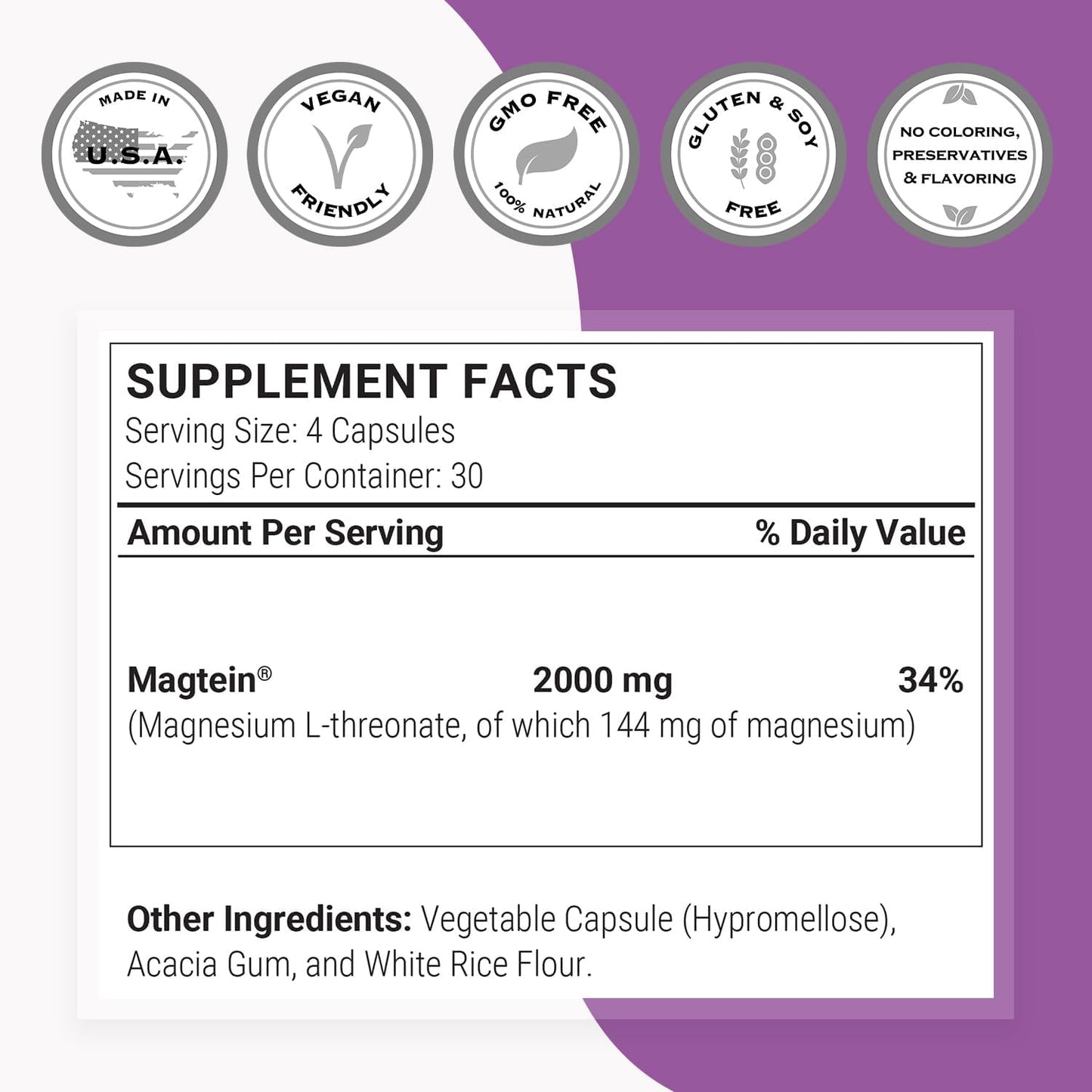 Highly Bioavailable Magnesium Threonate Supplement - 2000mg Daily Dose - Patented Magtein Formula for Brain Health - Non-GMO, Gluten Free - 120 Capsules