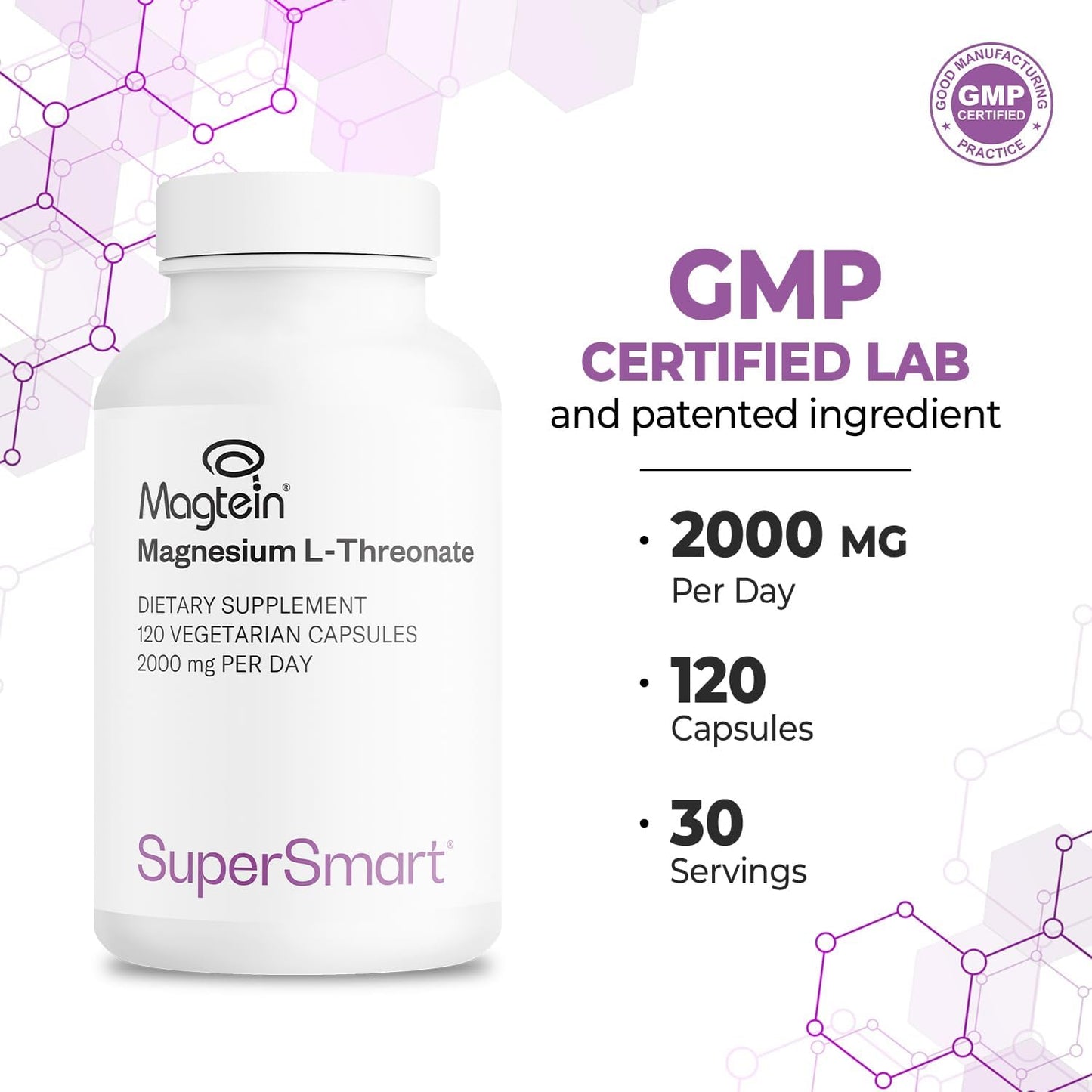 Highly Bioavailable Magnesium Threonate Supplement - 2000mg Daily Dose - Patented Magtein Formula for Brain Health - Non-GMO, Gluten Free - 120 Capsules