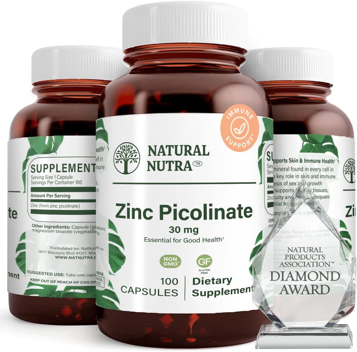 Highly Bioavailable Natural Nutra Zinc Picolinate 30mg Capsules for Growth, Immune Support, Skin Health, Metabolic System - 100 Count