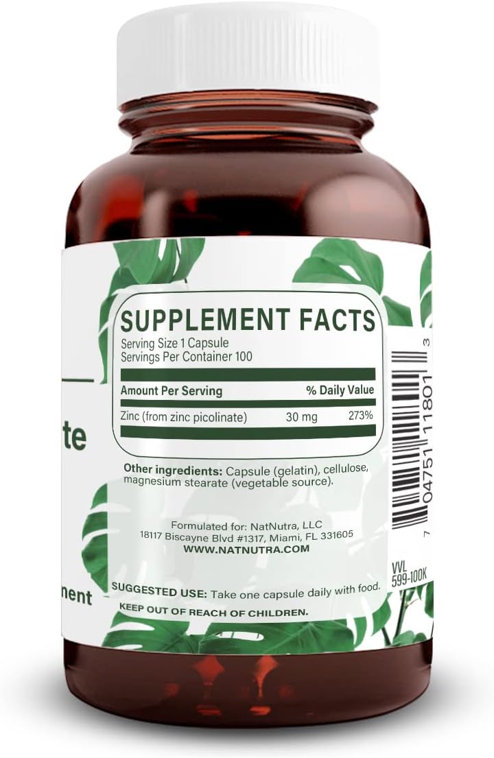 Highly Bioavailable Natural Nutra Zinc Picolinate 30mg Capsules for Growth, Immune Support, Skin Health, Metabolic System - 100 Count