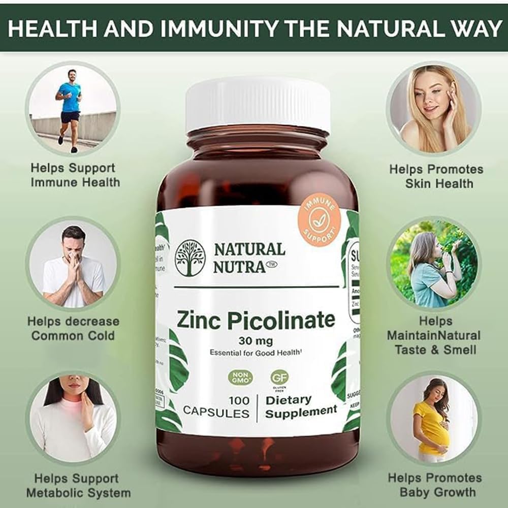 Highly Bioavailable Natural Nutra Zinc Picolinate 30mg Capsules for Growth, Immune Support, Skin Health, Metabolic System - 100 Count