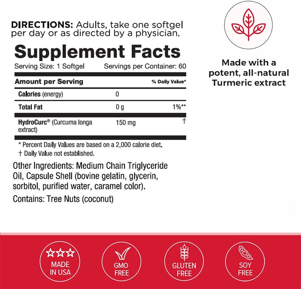 Highly Bioavailable Omax3 Omax HydroCurc Turmeric Curcumin Softgels for Natural Joint Relief - Nanoparticle Potency (60 Softgels)