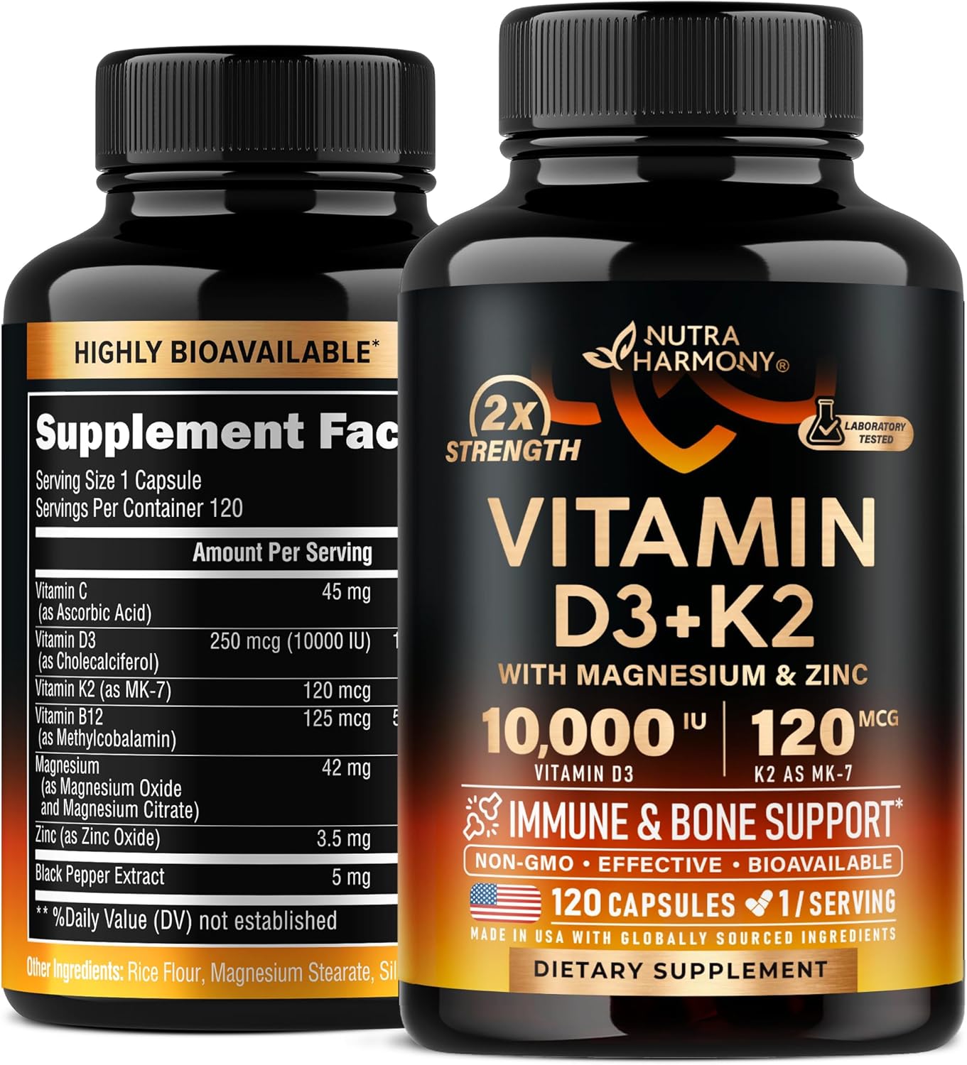 Highly Bioavailable Vitamin D3 K2 Capsules for Immune Support - 10000 iu D3 & 120 mcg K2 - Supports Bone and Teeth Health - with Magnesium, Zinc, Vitamin C, B12 - Made in USA - 120 Caps