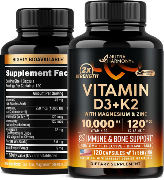 Highly Bioavailable Vitamin D3 K2 Capsules for Immune Support - 10000 iu D3 & 120 mcg K2 - Supports Bone and Teeth Health - with Magnesium, Zinc, Vitamin C, B12 - Made in USA - 120 Caps