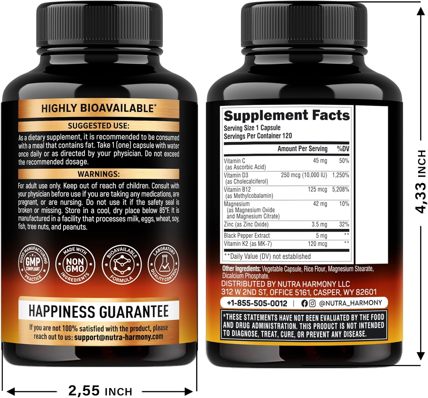 Highly Bioavailable Vitamin D3 K2 Capsules for Immune Support - 10000 iu D3 & 120 mcg K2 - Supports Bone and Teeth Health - with Magnesium, Zinc, Vitamin C, B12 - Made in USA - 120 Caps