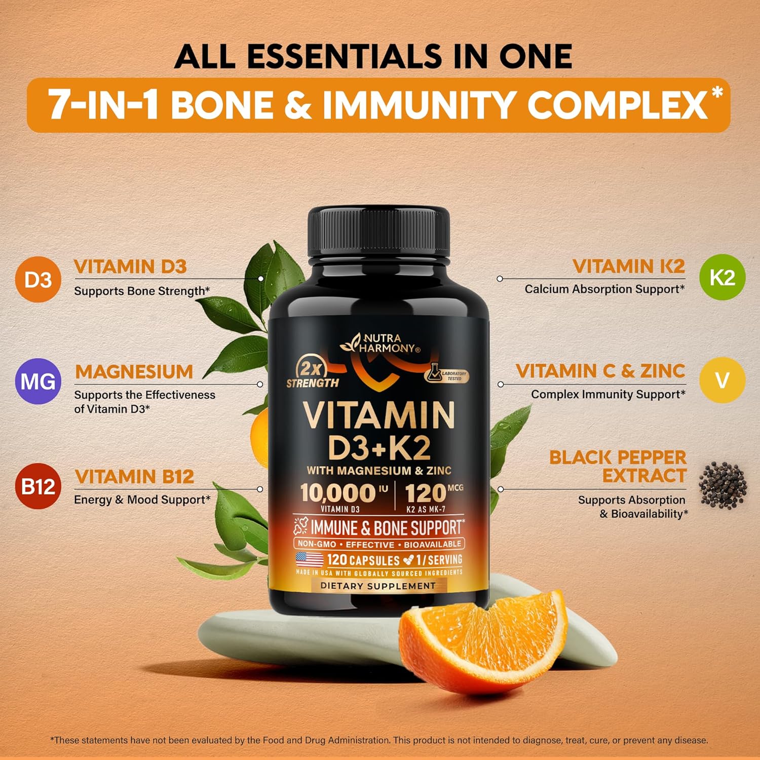 Highly Bioavailable Vitamin D3 K2 Capsules for Immune Support - 10000 iu D3 & 120 mcg K2 - Supports Bone and Teeth Health - with Magnesium, Zinc, Vitamin C, B12 - Made in USA - 120 Caps