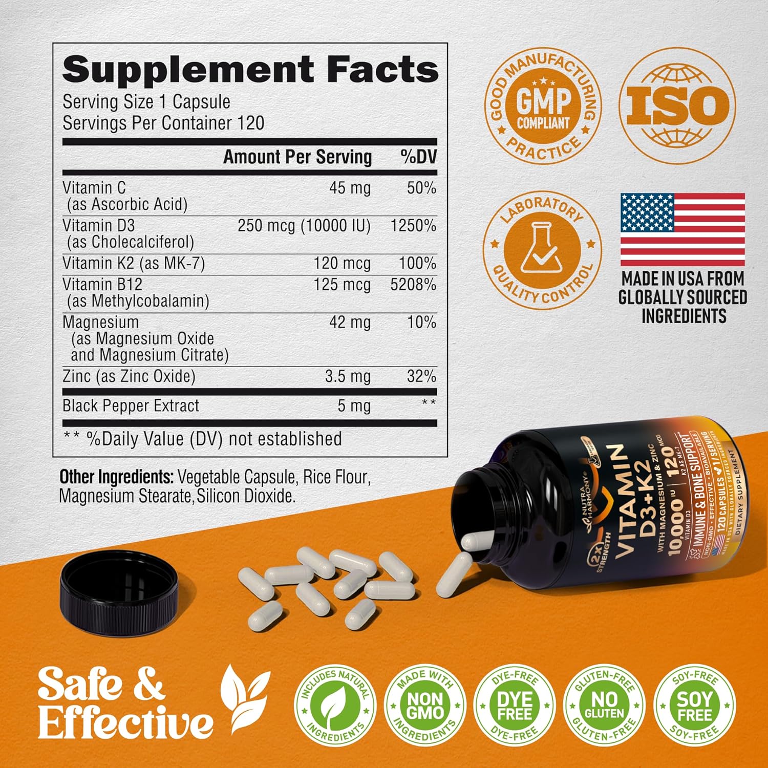 Highly Bioavailable Vitamin D3 K2 Capsules for Immune Support - 10000 iu D3 & 120 mcg K2 - Supports Bone and Teeth Health - with Magnesium, Zinc, Vitamin C, B12 - Made in USA - 120 Caps