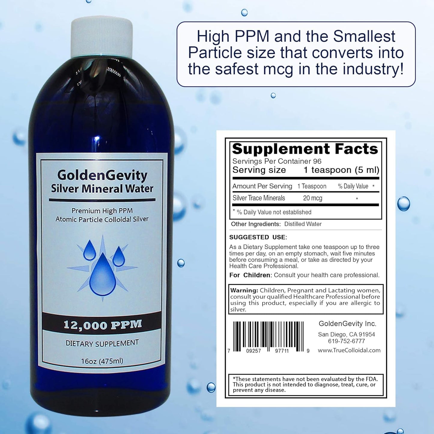 Highly Concentrated 12,000 PPM Bioactive Atomic Colloidal Silver - 16 oz Bottle for Immune Support | Non-Toxic & Non-GMO Trace Minerals