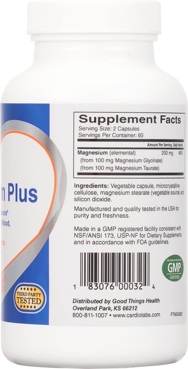 Highly Concentrated CardioTabs Magnesium Plus Capsules - Supports Blood Pressure, Heart Health, Brain Function, Sleep, and Mood - 200mg Magnesium Glycinate & Taurate - 120 Count