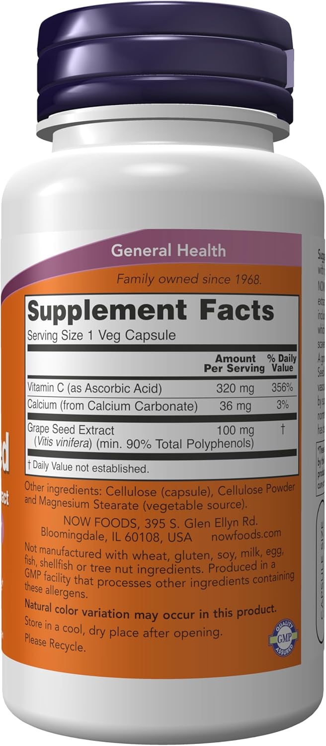 Highly Concentrated Grape Seed Extract with 90% Polyphenols & Vitamin C - 100mg, 100 Veg Capsules by NOW Foods