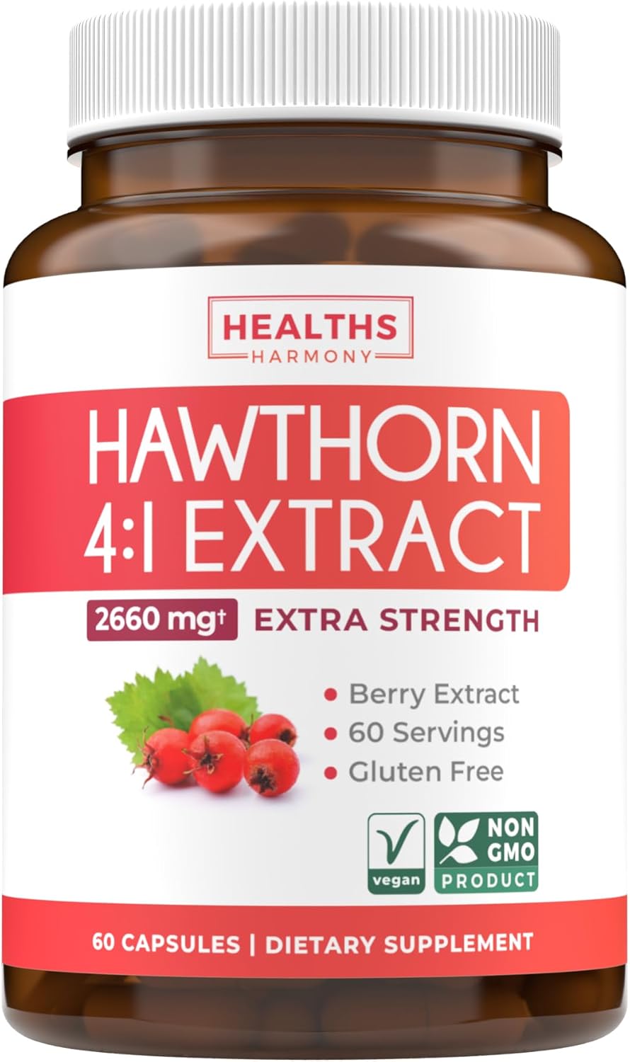 Highly Concentrated Hawthorn Berry Extract Capsules for Heart and Digestive Health - Vegan, Non-GMO, Gluten Free - 2 Month Supply of Potent Supplement by Healths Harmony