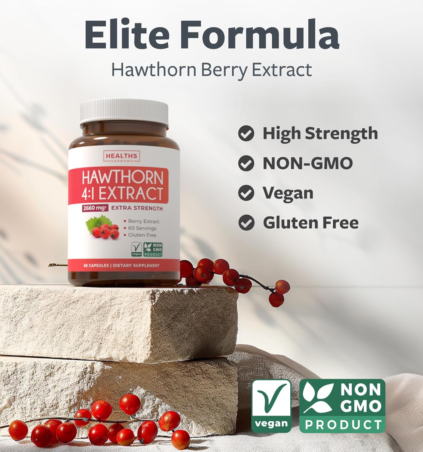 Highly Concentrated Hawthorn Berry Extract Capsules for Heart and Digestive Health - Vegan, Non-GMO, Gluten Free - 2 Month Supply of Potent Supplement by Healths Harmony