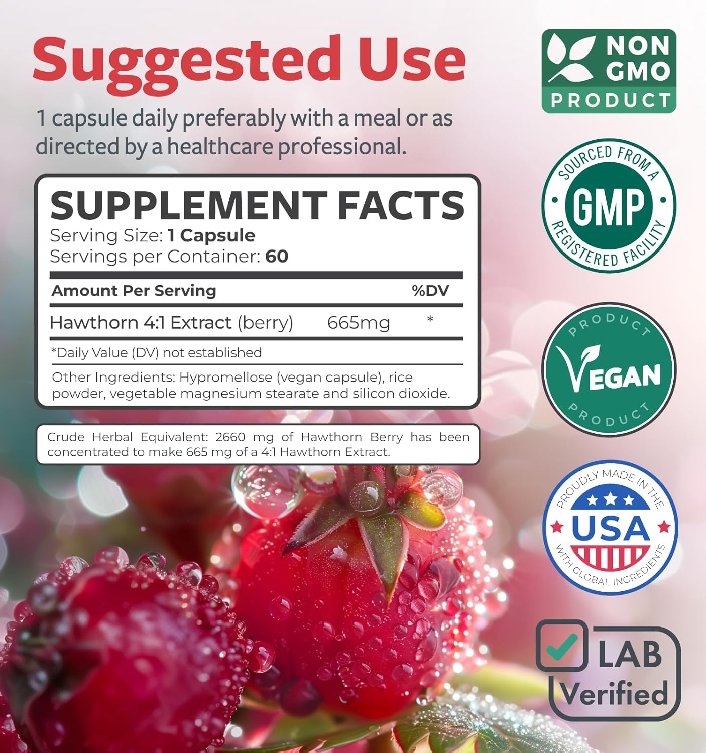 Highly Concentrated Hawthorn Berry Extract Capsules for Heart and Digestive Health - Vegan, Non-GMO, Gluten Free - 2 Month Supply of Potent Supplement by Healths Harmony