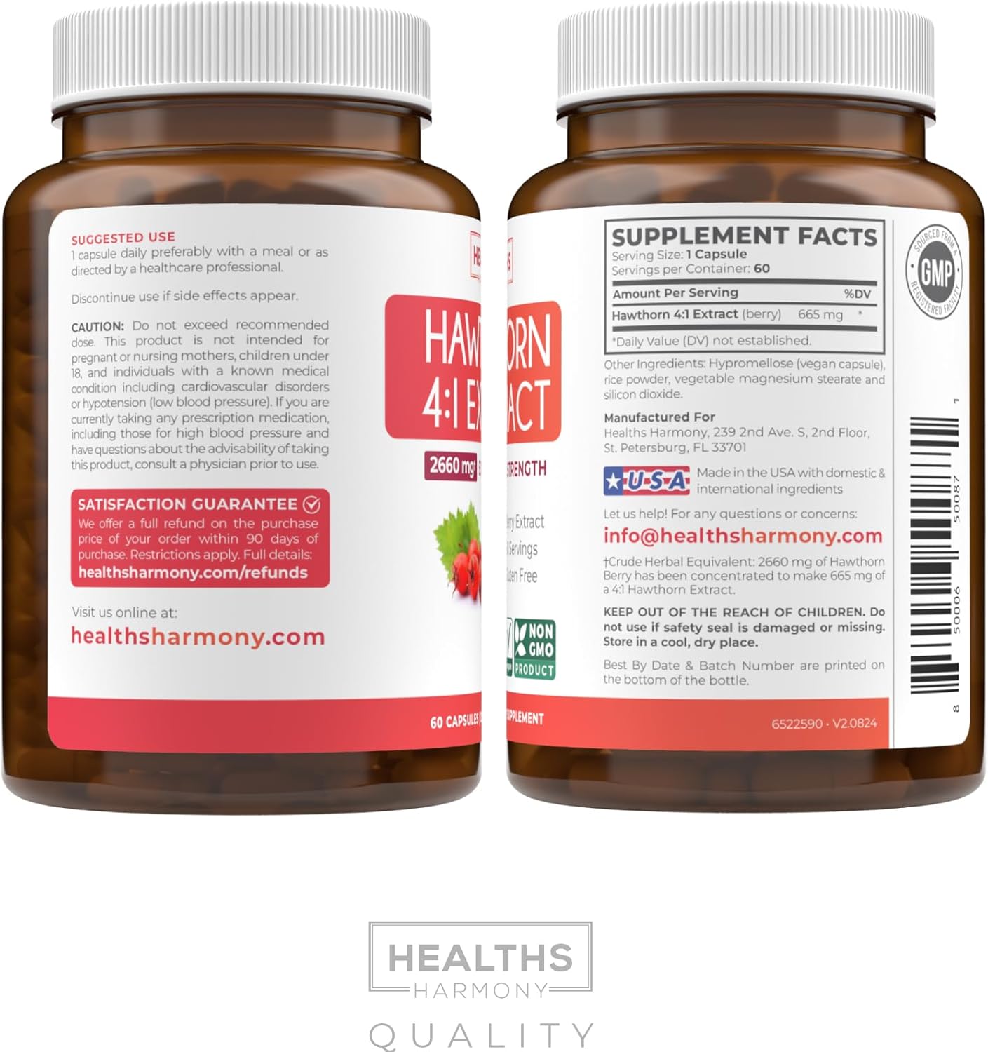 Highly Concentrated Hawthorn Berry Extract Capsules for Heart and Digestive Health - Vegan, Non-GMO, Gluten Free - 2 Month Supply of Potent Supplement by Healths Harmony