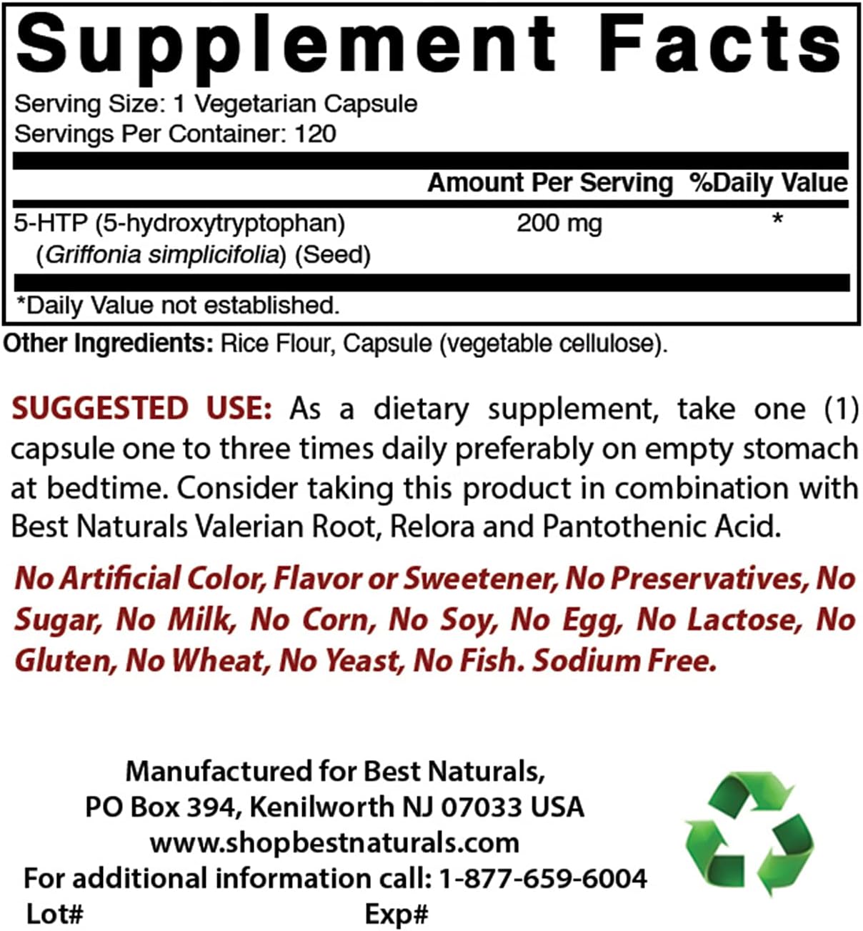 Highly Effective Best Naturals 5-HTP 200 mg with NAC 600 mg - N Acetyl Cysteine Supplement