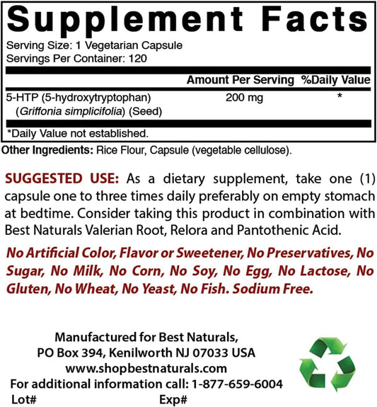 Highly Effective Best Naturals 5-HTP 200 mg with NAC 600 mg - N Acetyl Cysteine Supplement