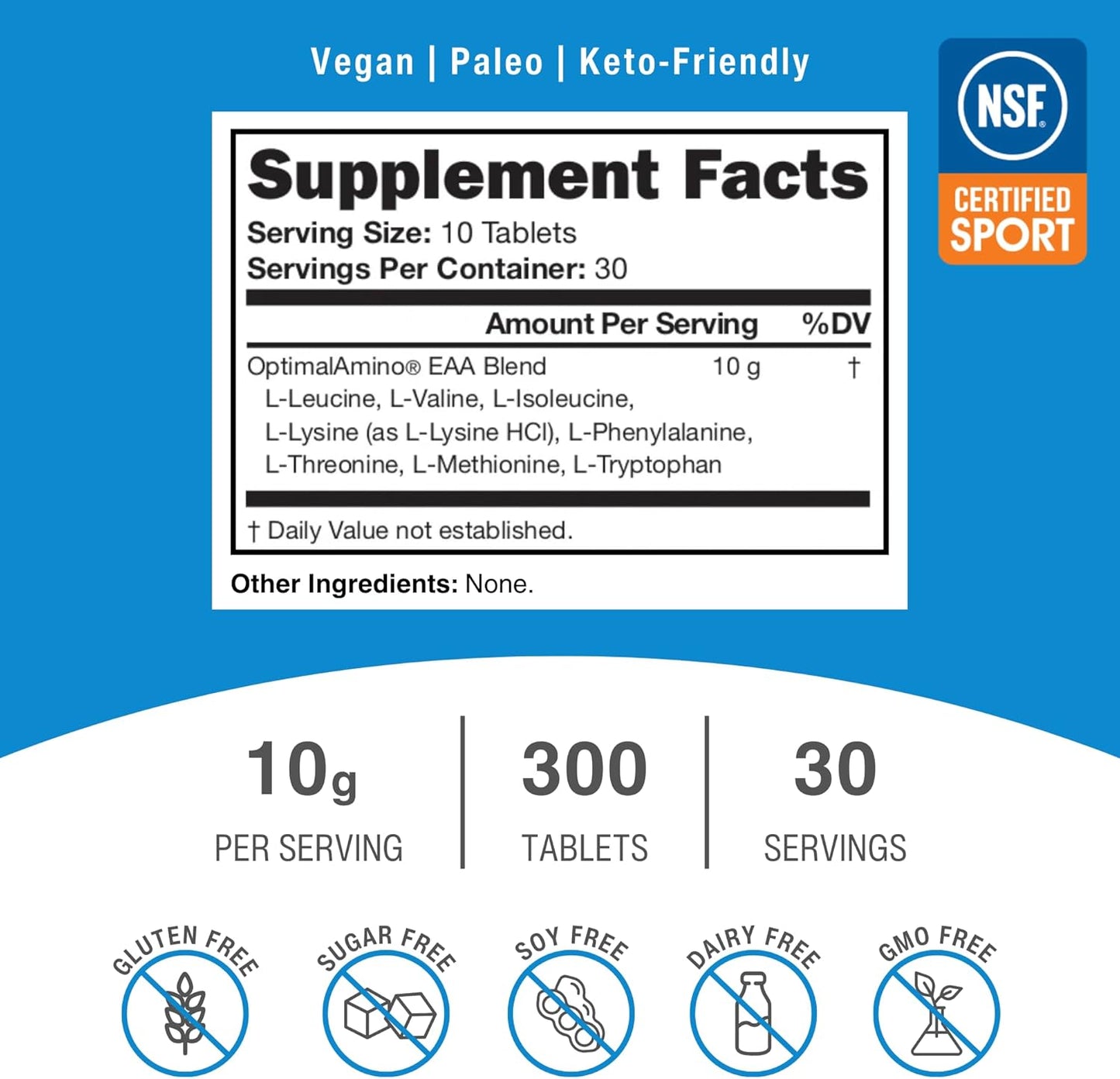 Highly Effective Essential Amino Acid (EAA) Supplement Tablets | 300 Count, Boost Muscle Recovery, Ideal for Pre/Post Workout | NSF Certified
