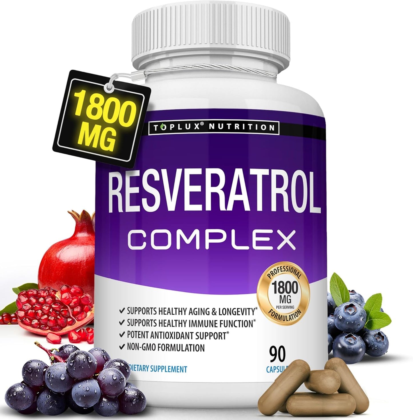 Highly Potent 1800mg Resveratrol Supplement for Healthy Aging - Antioxidant Complex for Immune System & Brain Function - 90 Capsules for Men & Women