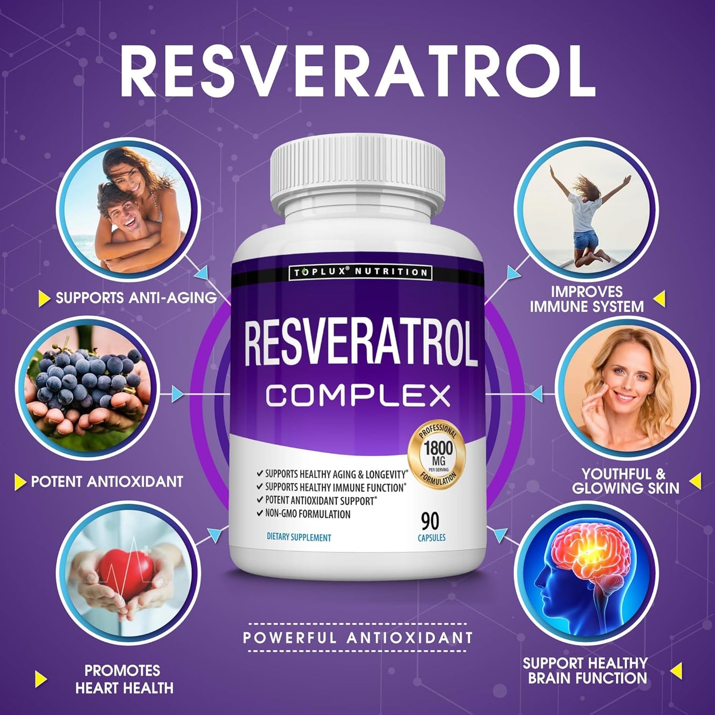 Highly Potent 1800mg Resveratrol Supplement for Healthy Aging - Antioxidant Complex for Immune System & Brain Function - 90 Capsules for Men & Women
