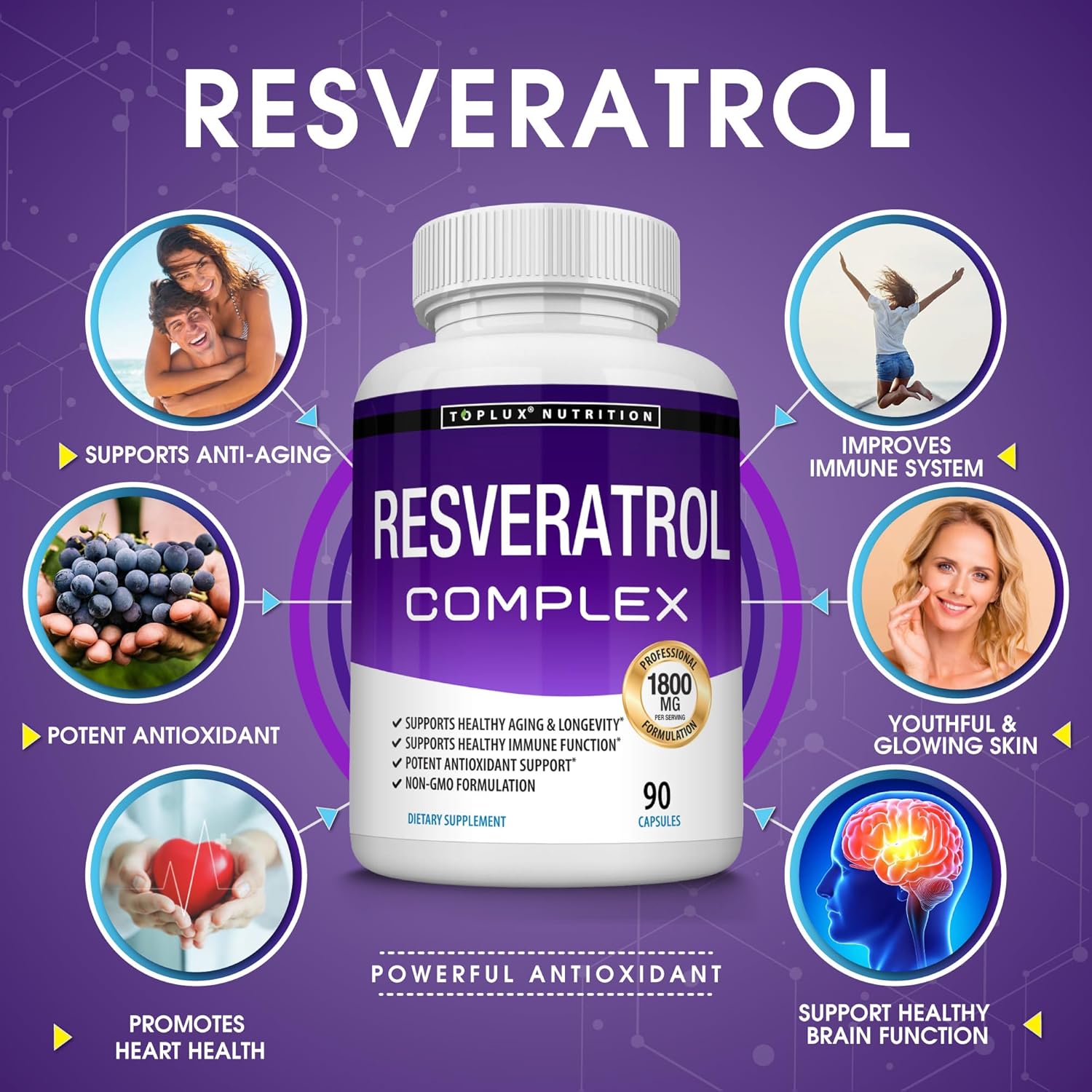 Highly Potent 1800mg Resveratrol Supplement for Healthy Aging - Antioxidant Complex for Immune System & Brain Function - 90 Capsules for Men & Women