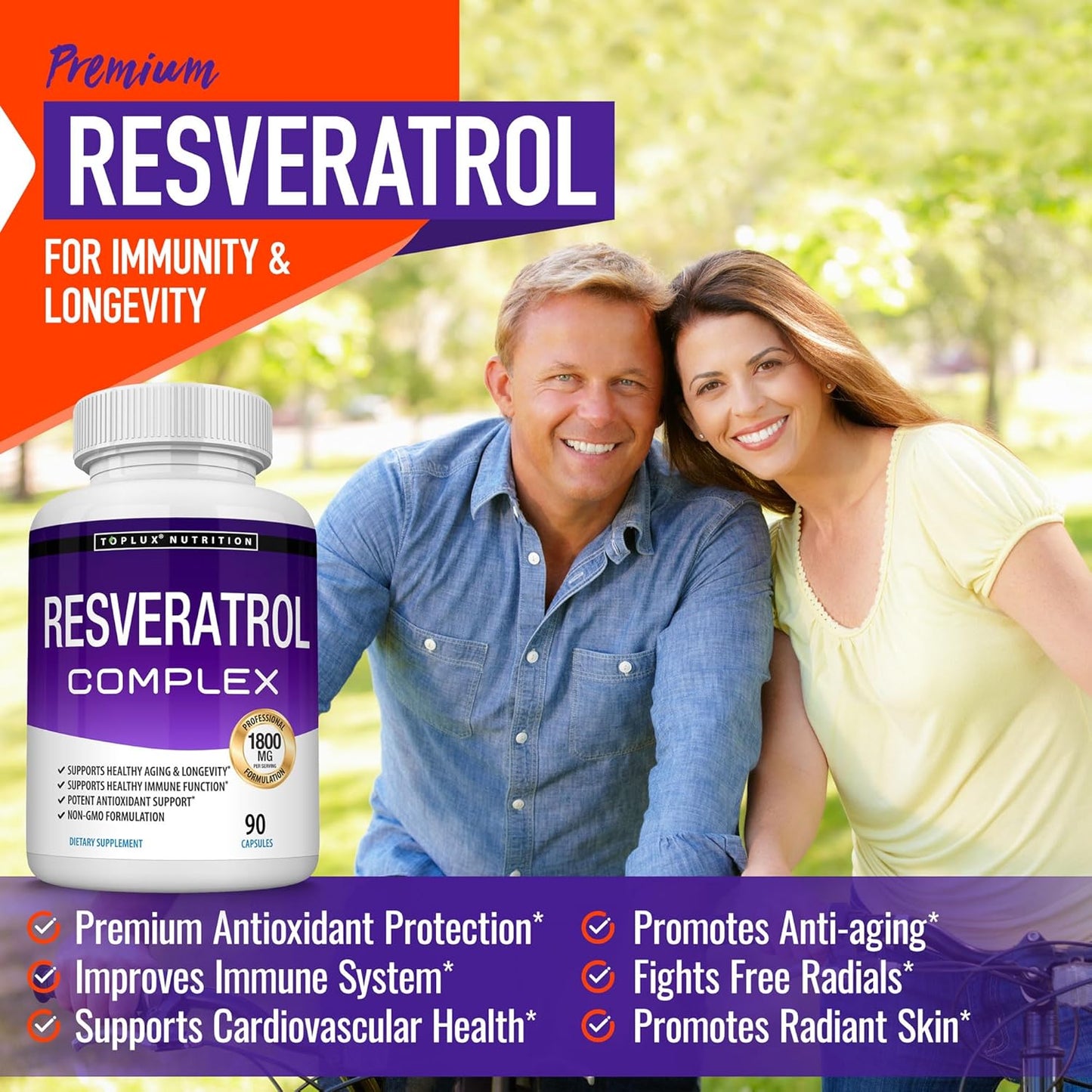 Highly Potent 1800mg Resveratrol Supplement for Healthy Aging - Antioxidant Complex for Immune System & Brain Function - 90 Capsules for Men & Women