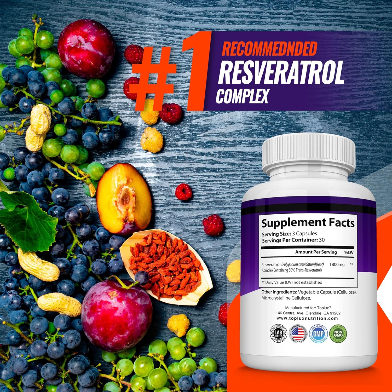 Highly Potent 1800mg Resveratrol Supplement for Healthy Aging - Antioxidant Complex for Immune System & Brain Function - 90 Capsules for Men & Women