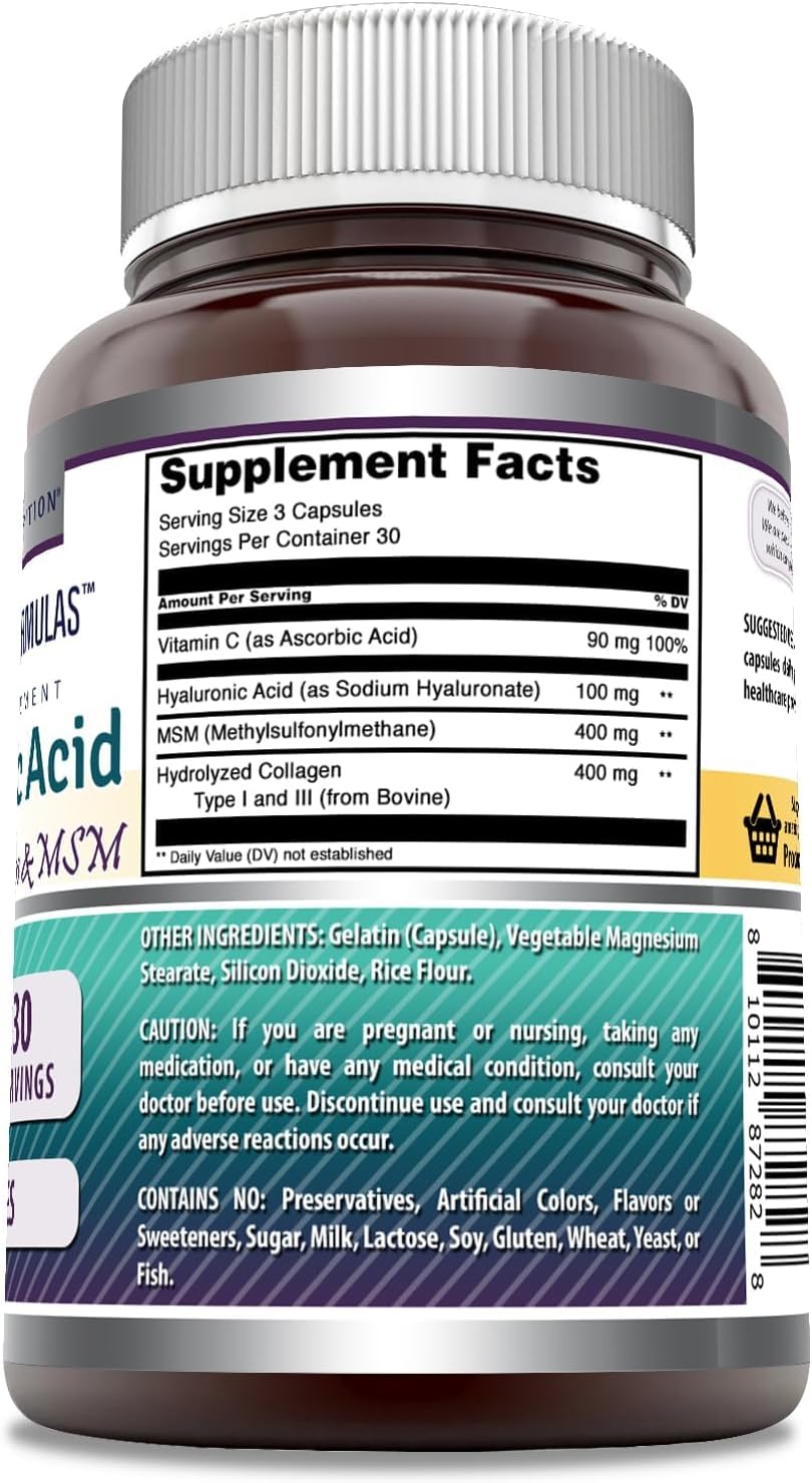 Highly Potent Hyaluronic Acid Complex with MSM, Collagen, and Vitamin C - 990mg - 90 Capsules - Non-GMO - Gluten Free - USA Made