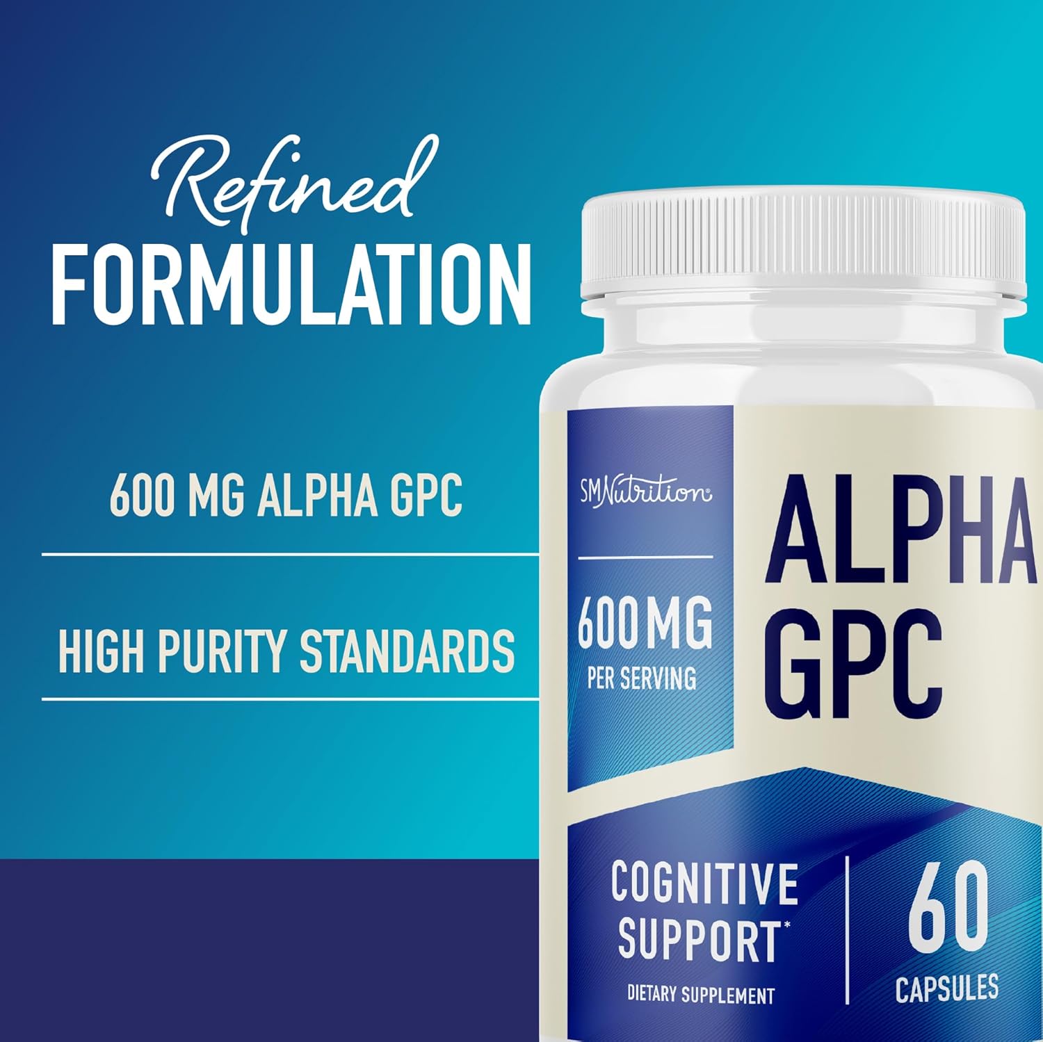 Highly Purified Alpha GPC 600mg Brain Supplement for Memory & Focus Support - Vegan, Non-GMO, 60 Capsules