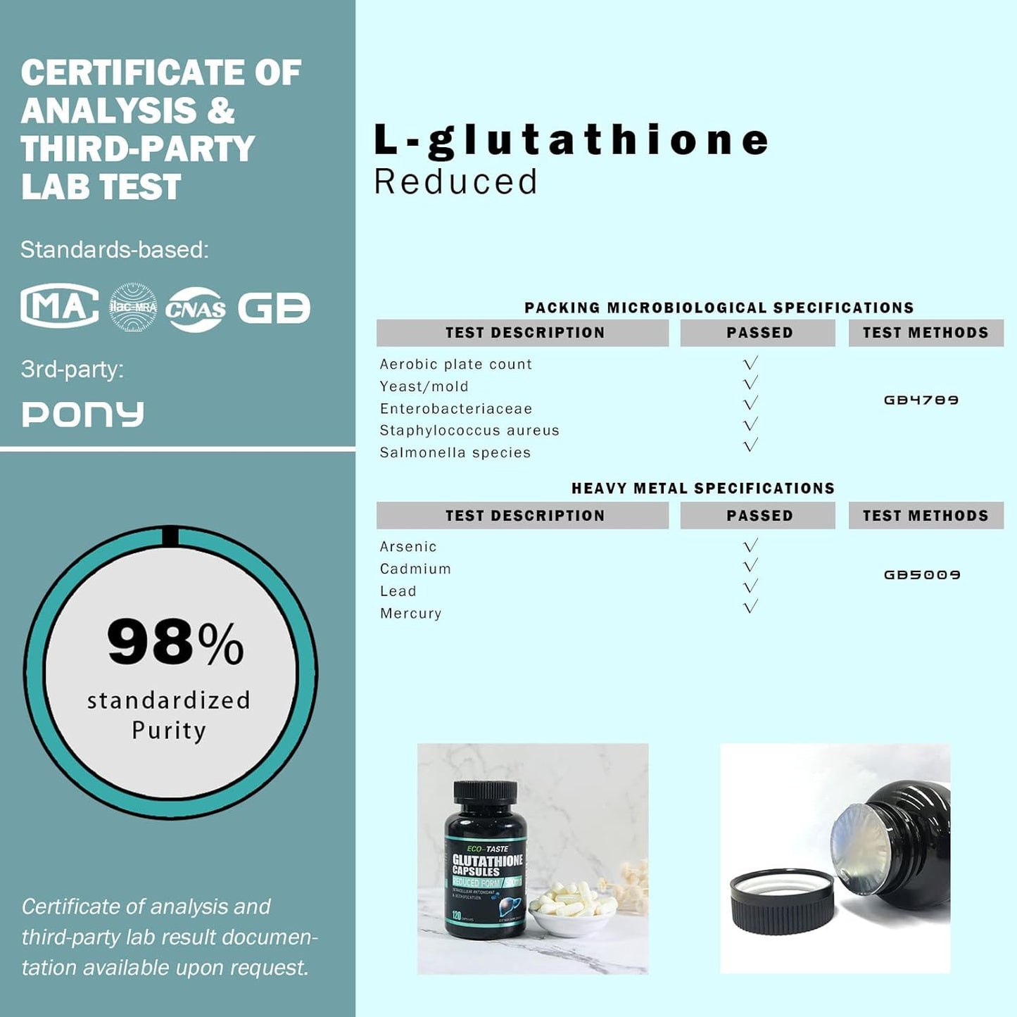 Highly Purified ECO-TASTE Glutathione Supplement - Reduced Form, 120 Capsules for Enhanced Absorption