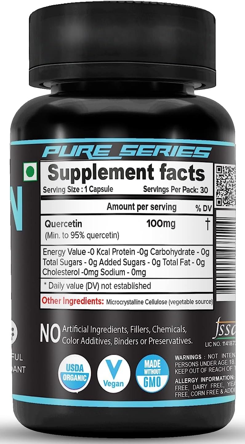 Highly Purified Quercetin 100mg Capsules - 95% Standardized | Natural Bio-flavonoids & Antioxidants | 90 Capsules