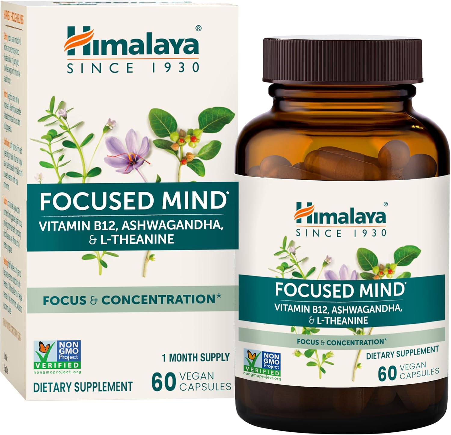 Himalaya Focused Mind Capsules with Ashwagandha, Bacopa & L-Theanine - Boost Focus, Energy, Attention - 60 Capsules, Vegan, Gluten Free - 1 Month Supply