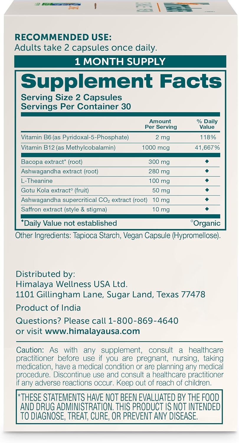 Himalaya Focused Mind Capsules with Ashwagandha, Bacopa & L-Theanine - Boost Focus, Energy, Attention - 60 Capsules, Vegan, Gluten Free - 1 Month Supply