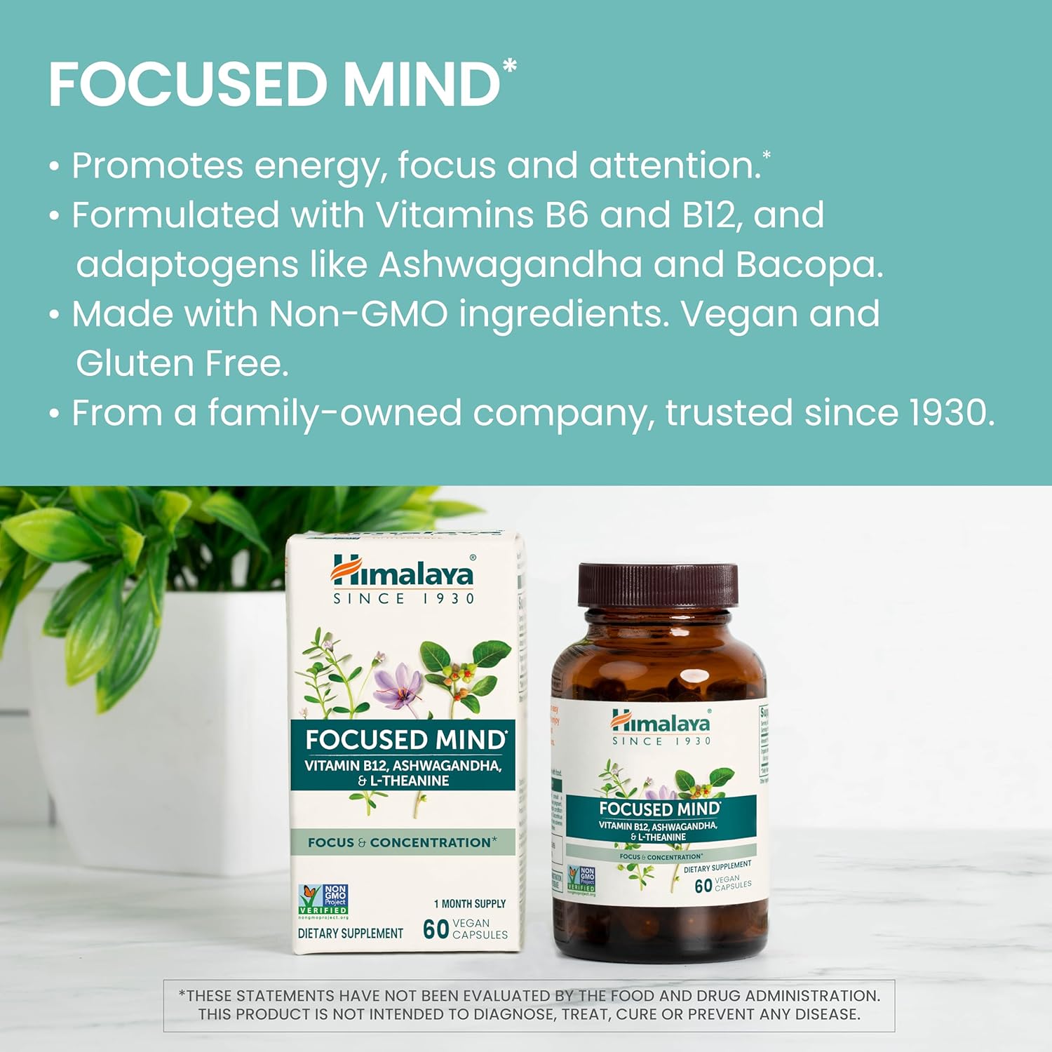 Himalaya Focused Mind Capsules with Ashwagandha, Bacopa & L-Theanine - Boost Focus, Energy, Attention - 60 Capsules, Vegan, Gluten Free - 1 Month Supply