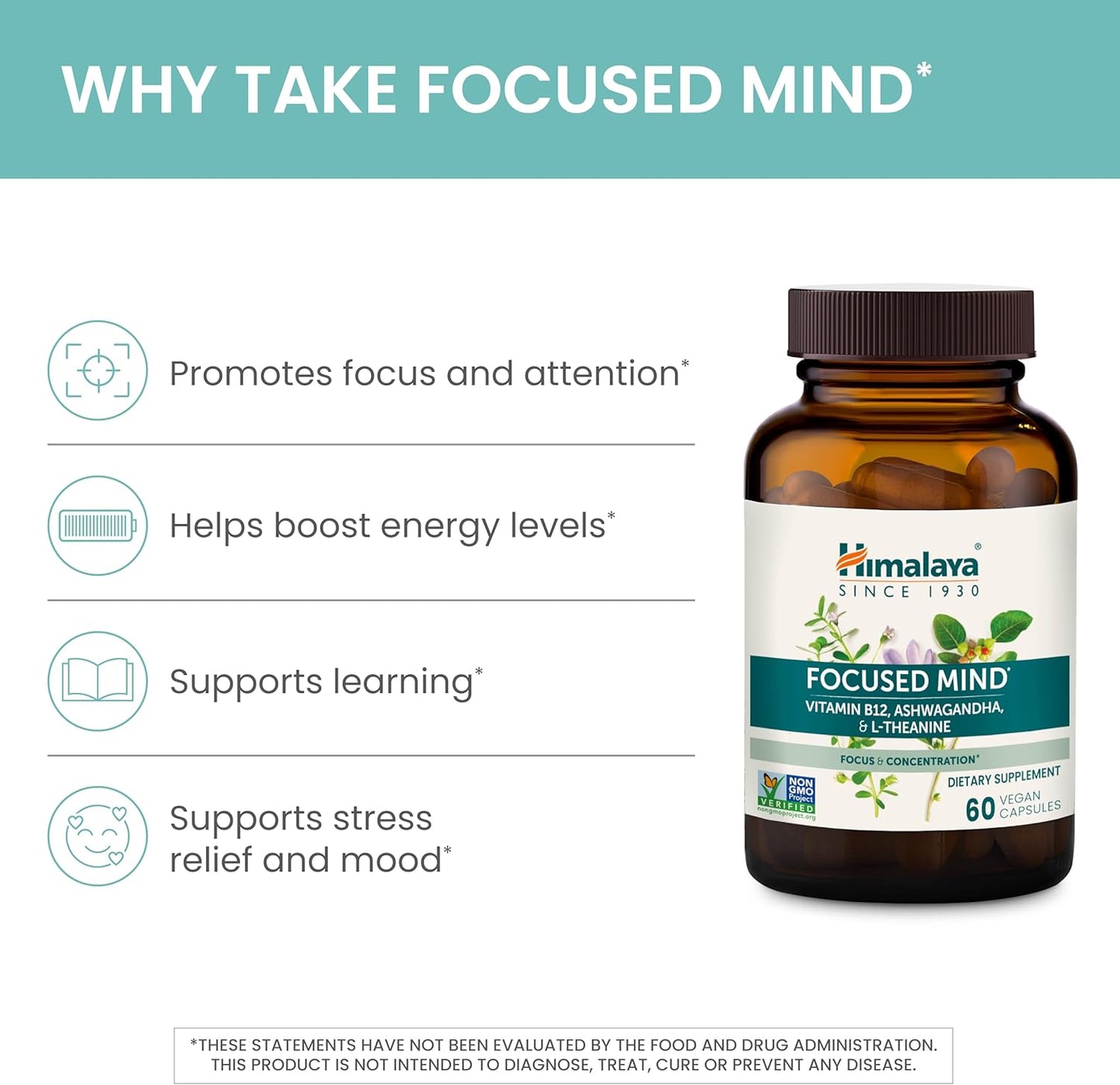 Himalaya Focused Mind Capsules with Ashwagandha, Bacopa & L-Theanine - Boost Focus, Energy, Attention - 60 Capsules, Vegan, Gluten Free - 1 Month Supply