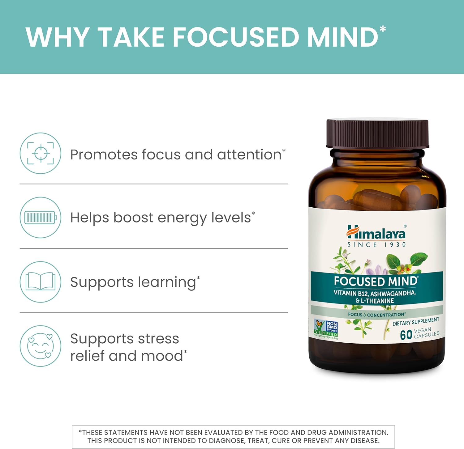Himalaya Focused Mind Capsules with Ashwagandha, Bacopa & L-Theanine - Boost Focus, Energy, Attention - 60 Capsules, Vegan, Gluten Free - 1 Month Supply