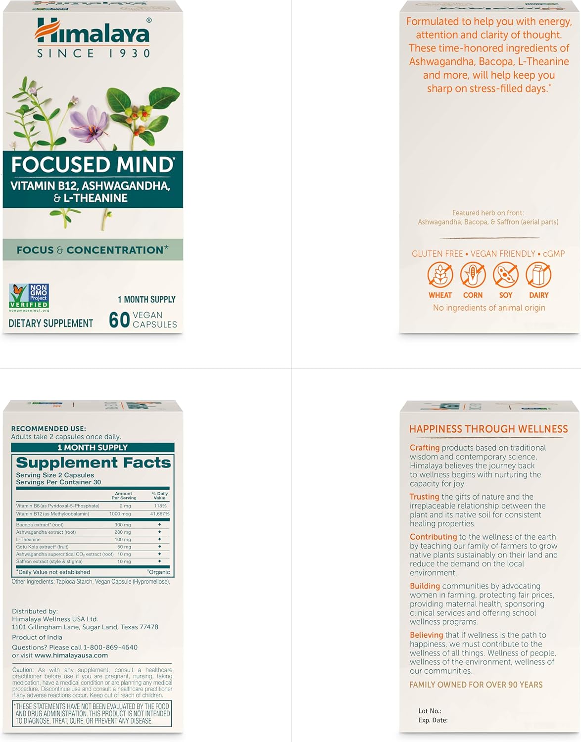 Himalaya Focused Mind Capsules with Ashwagandha, Bacopa & L-Theanine - Boost Focus, Energy, Attention - 60 Capsules, Vegan, Gluten Free - 1 Month Supply