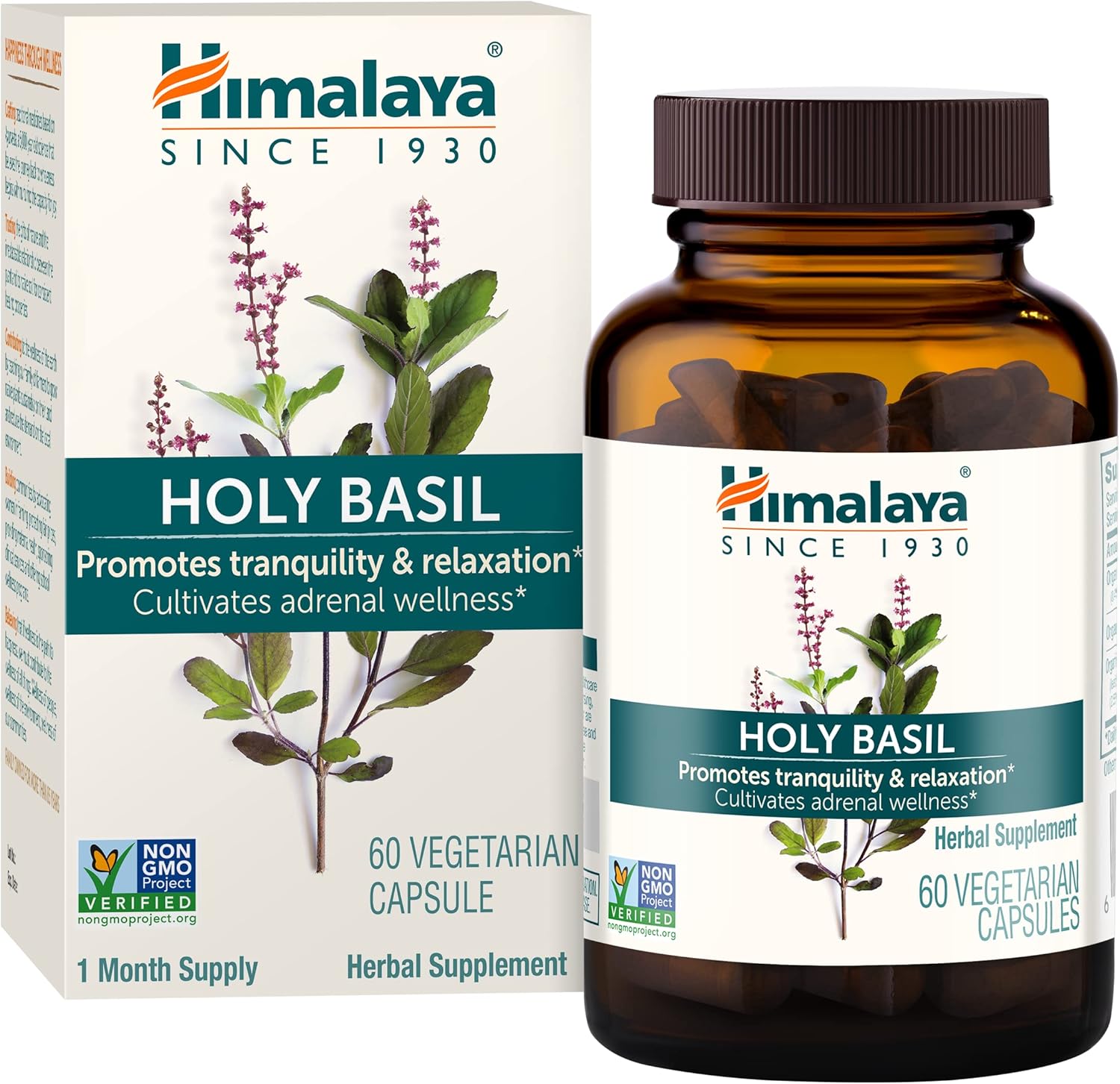 Himalaya Holy Basil Tulsi Herbal Supplement for Stress Relief & Relaxation - Non-GMO, Vegan, 60 Capsules, 30 Day Supply