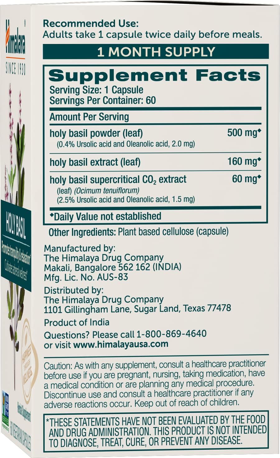 Himalaya Holy Basil Tulsi Herbal Supplement for Stress Relief & Relaxation - Non-GMO, Vegan, 60 Capsules, 30 Day Supply