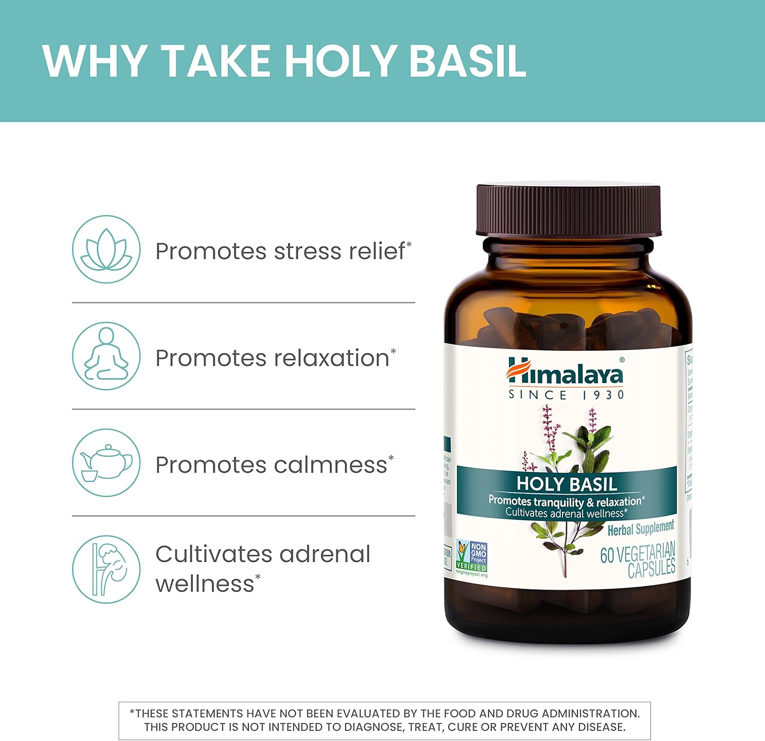 Himalaya Holy Basil Tulsi Herbal Supplement for Stress Relief & Relaxation - Non-GMO, Vegan, 60 Capsules, 30 Day Supply