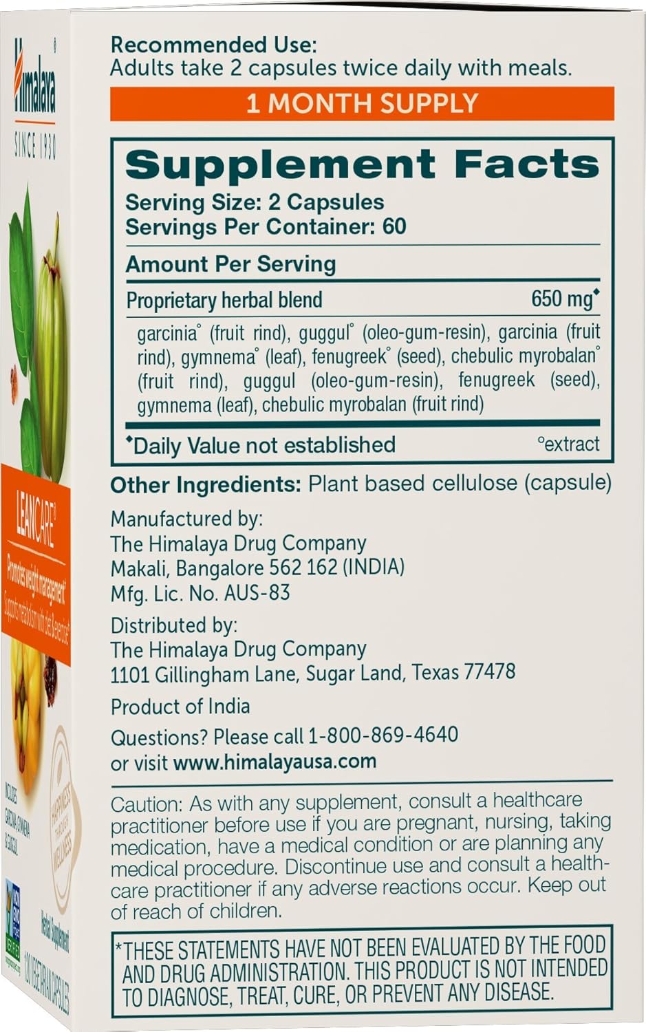 Himalaya LeanCare Herbal Supplement for Weight Support - Promotes Healthy Metabolism, Garcinia, Gymnema, Guggul - 120 Vegetarian Capsules
