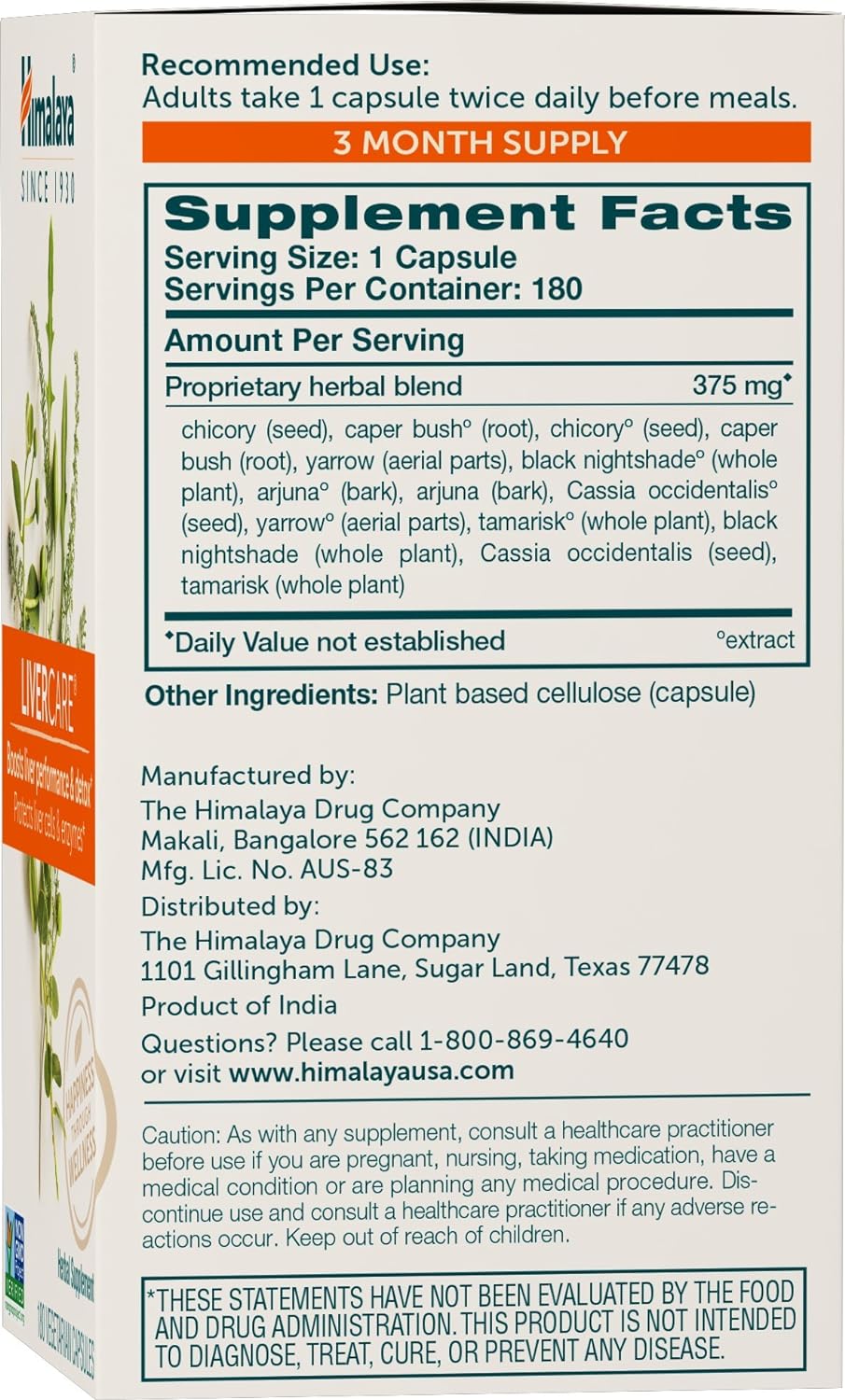 Himalaya LiverCare Herbal Supplement 375mg - Liver Cleanse & Support (2 Pack, 180 Capsules) - Vegan & Non-GMO Formula for Bile Production & Waste Elimination